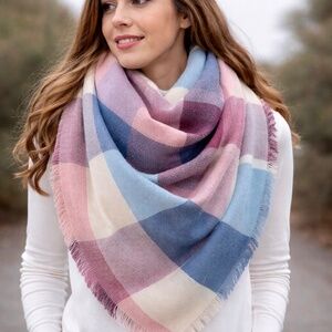 Americana Oversized Squared‎ Plaid Scarf Check Fringe | Red White Blue